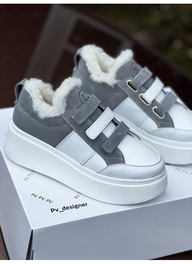 Жіночі кеди Velcro на овчині, натуральна біла шкіра з сірою замшею