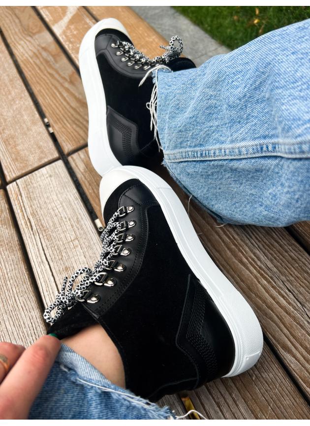 Жіночі високі кеди HIGH TOPS, натуральна чорно-біла шкіра з чорною замшею