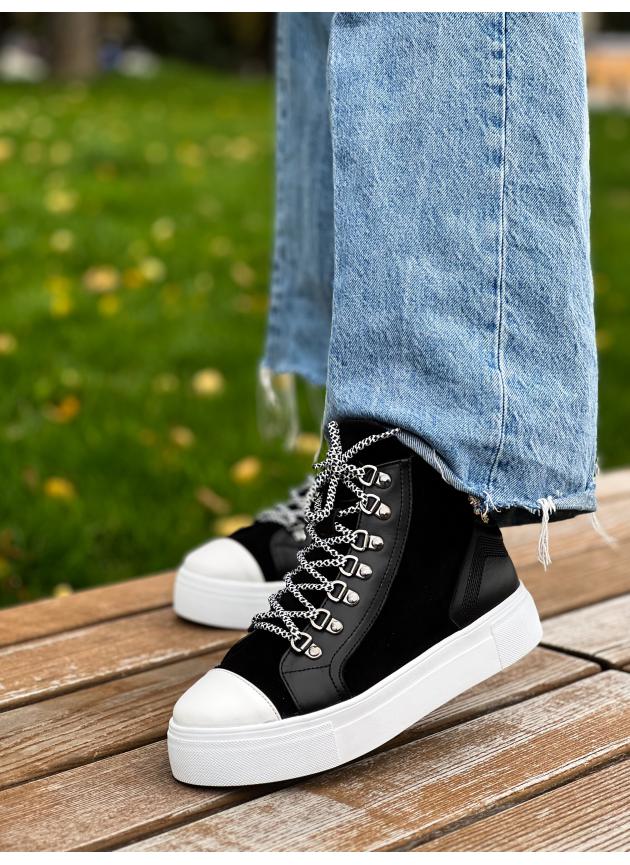 Жіночі високі кеди HIGH TOPS, натуральна чорно-біла шкіра з чорною замшею