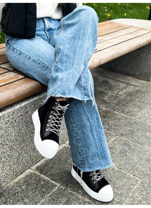 Жіночі високі кеди HIGH TOPS, натуральна чорно-біла шкіра з чорною замшею
