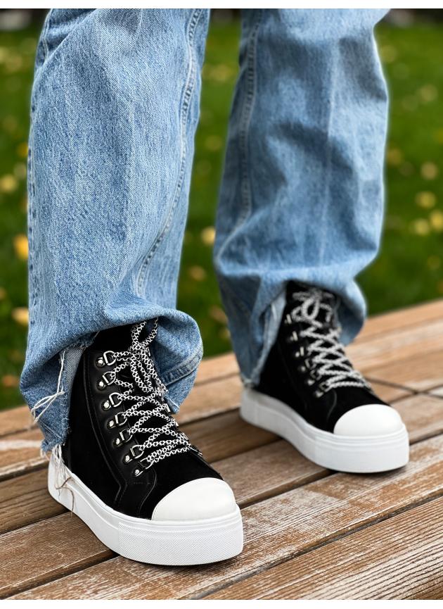 Жіночі високі кеди HIGH TOPS, натуральна чорно-біла шкіра з чорною замшею