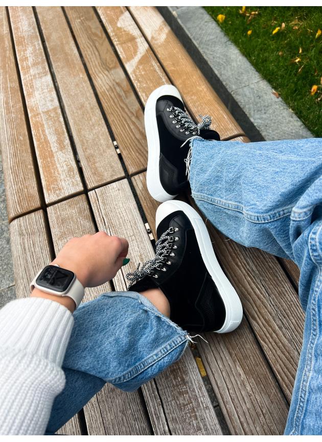 Жіночі високі кеди HIGH TOPS, натуральна чорно-біла шкіра з чорною замшею