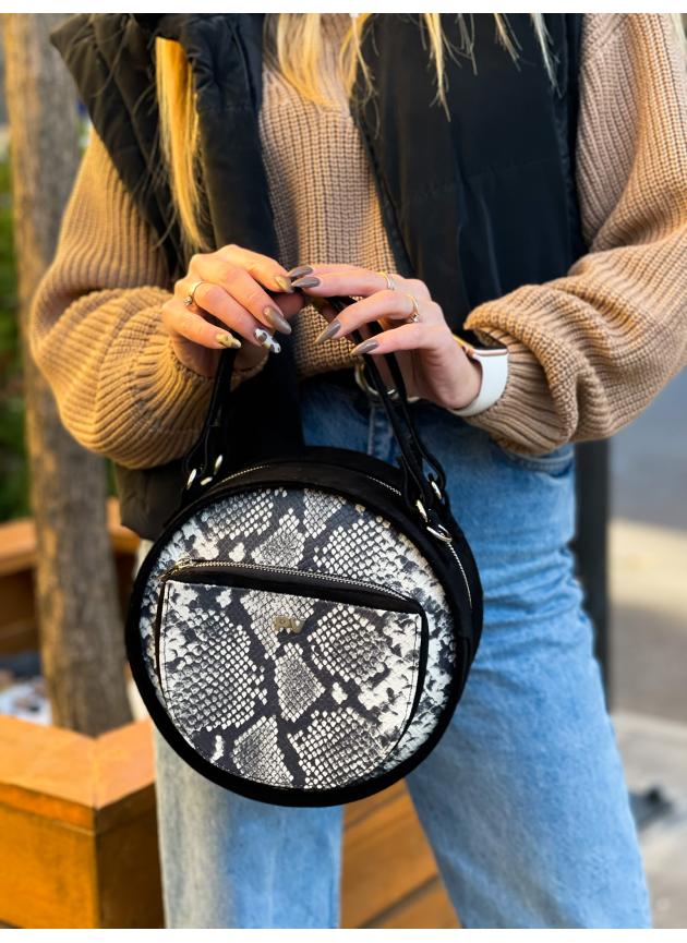 Сумка Кругла big, натуральна чорна замша та чорно-біла рептилія