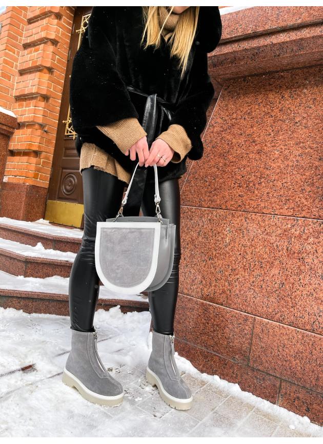 Сумка Pocket, натуральна шкіра та замша білий з сірим