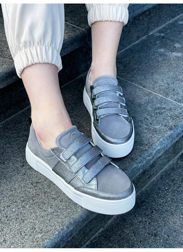 Жіночі кеди Velcro, натуральна замша сіра з переливом