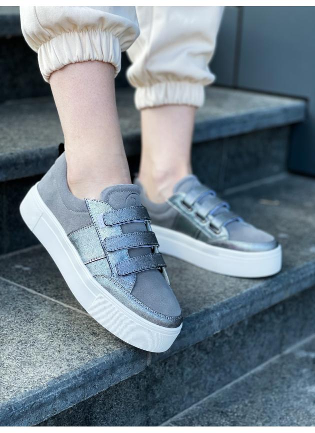 Жіночі кеди Velcro, натуральна замша сіра з переливом