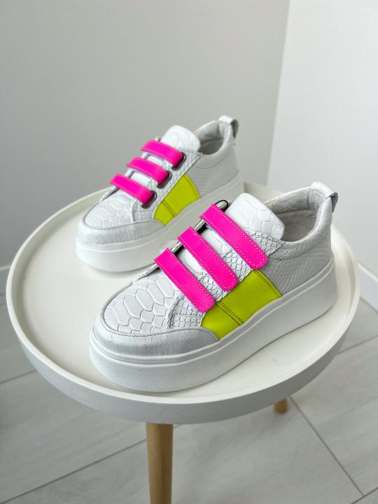 Жіночі кеди Velcro, натуральна шкіра біла рептилія з жовтим та розовим неоном