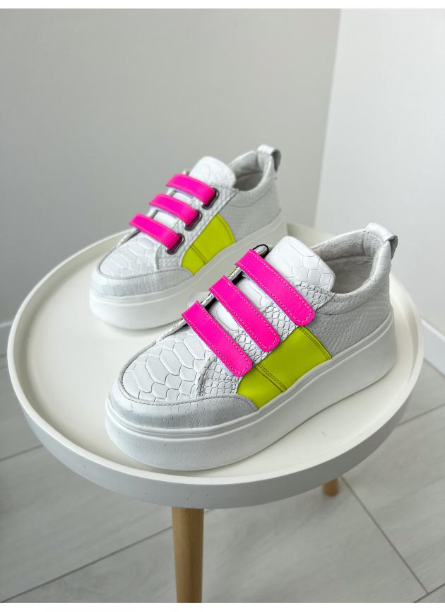 Жіночі кеди Velcro, натуральна шкіра біла рептилія з жовтим та розовим неоном