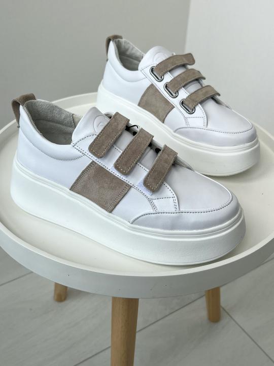 Жіночі кеди Velcro, натуральна біла шкіра з іворі замшею
