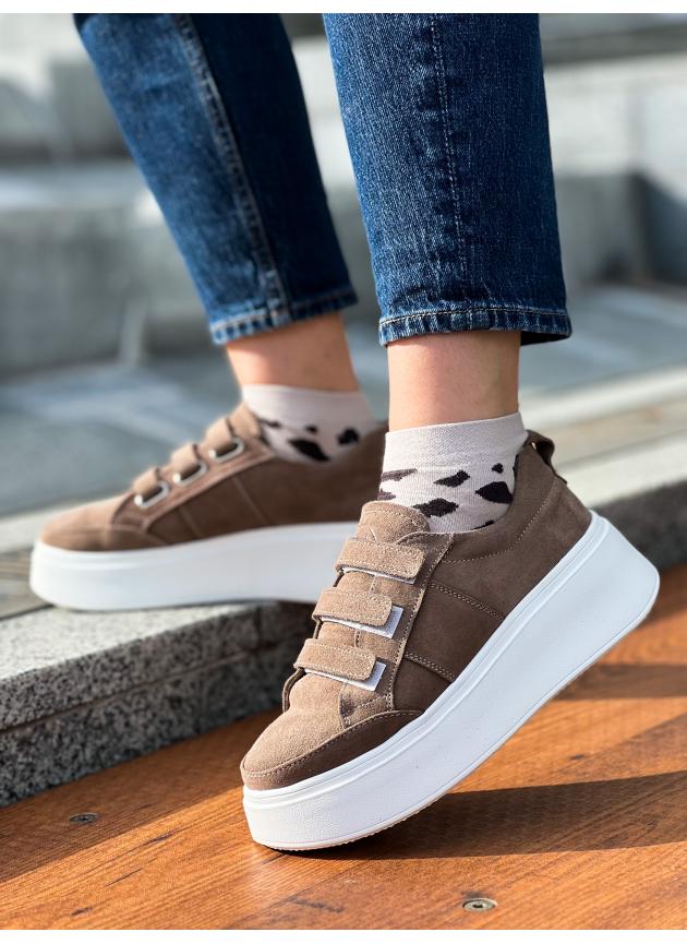 Жіночі кеди Velcro, натуральна замша темна кава
