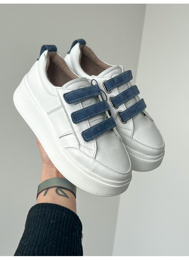 Жіночі кеди Velcro, натуральна біла шкіра з джинс замшею
