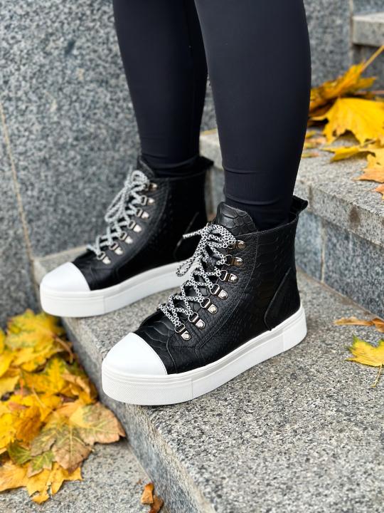 Жіночі високі кеди HIGH TOPS, натуральна шкіра чорна рептилія