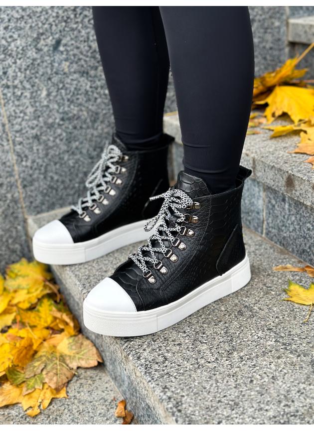 Жіночі високі кеди HIGH TOPS, натуральна шкіра чорна рептилія